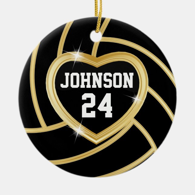 Black and Gold Volleyball Ceramic Tree Decoration (Front)