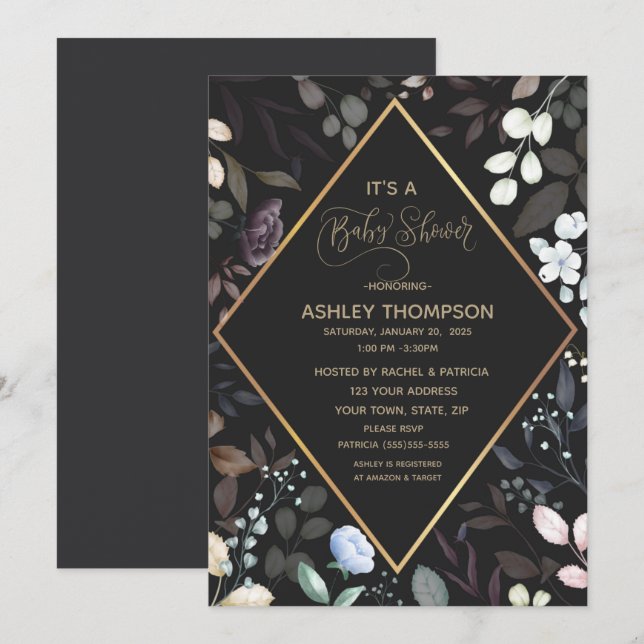  Black and Gold Watercolor Floral Baby Shower     Invitation (Front/Back)