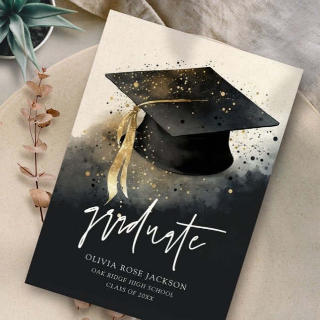 Black and Gold Watercolor Graduate Cap Graduation Announcement (Creator Uploaded)