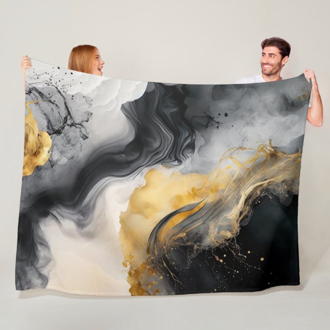 Black and Gold Watercolor Marble Fleece Blanket (In Situ)