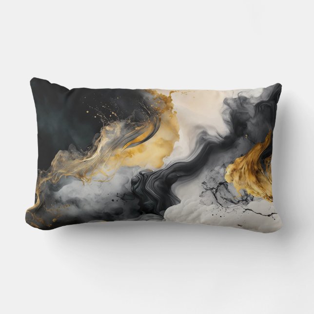 Black and Gold Watercolor Marble Lumbar Cushion (Front)