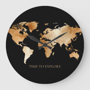 Black and Gold Watercolor World Map  Large Clock