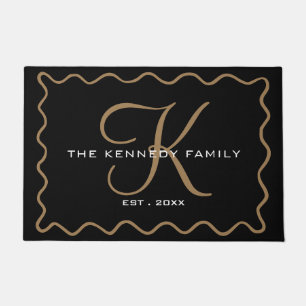 Black And Gold Wavy Frame Family Name Monogrammed  Doormat