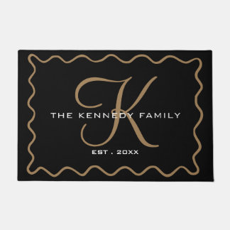 Black And Gold Wavy Frame Family Name Monogrammed  Doormat