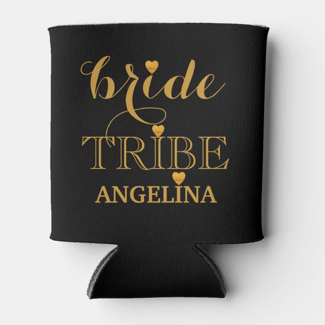 Black and Gold Wedding Bride Tribe Can Cooler (Front)
