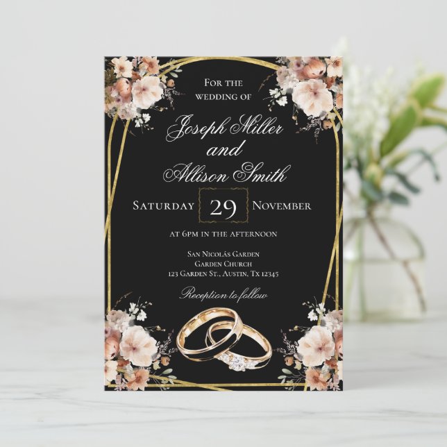 Black and Gold Wedding Invitation (Standing Front)