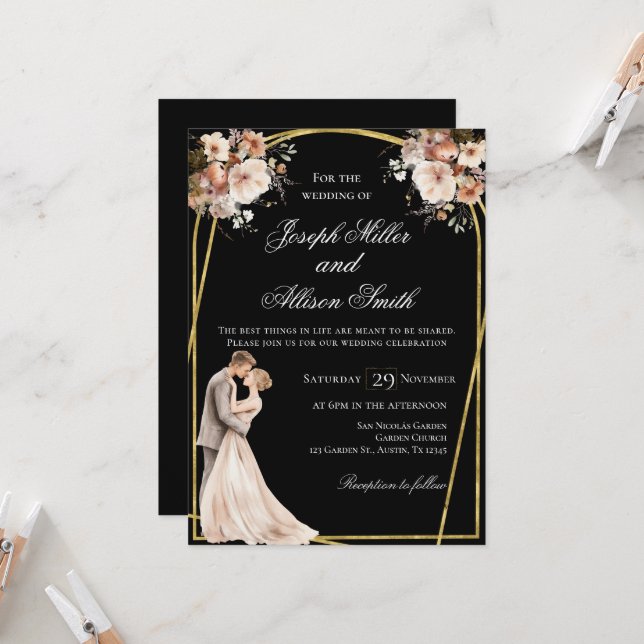 Black and Gold Wedding Invitation (Front/Back In Situ)