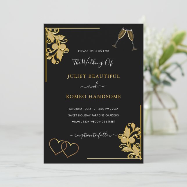 Black and Gold Wedding Invitation Example (Standing Front)