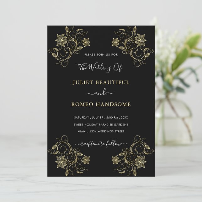 Black and Gold Wedding Invitation with Flowers (Standing Front)