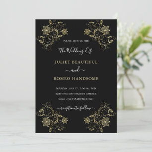 Black and Gold Wedding Invitation with Flowers
