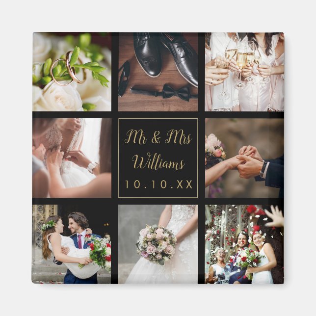Black And Gold Wedding Photo Collage Magnet (Front)