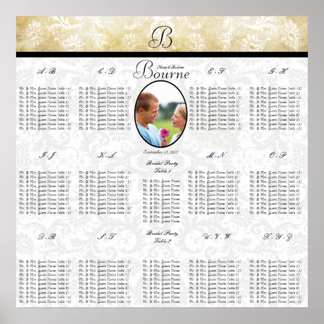 Black and Gold Wedding Photo Seating Chart (Front)