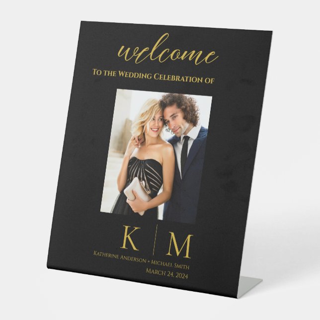 Black and Gold-Wedding Photo Welcome Sign- Pedestal Sign (Front)