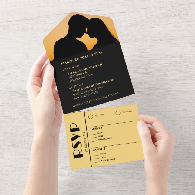 Black and Gold-Wedding Rings- All In One Invitation (Tearaway)