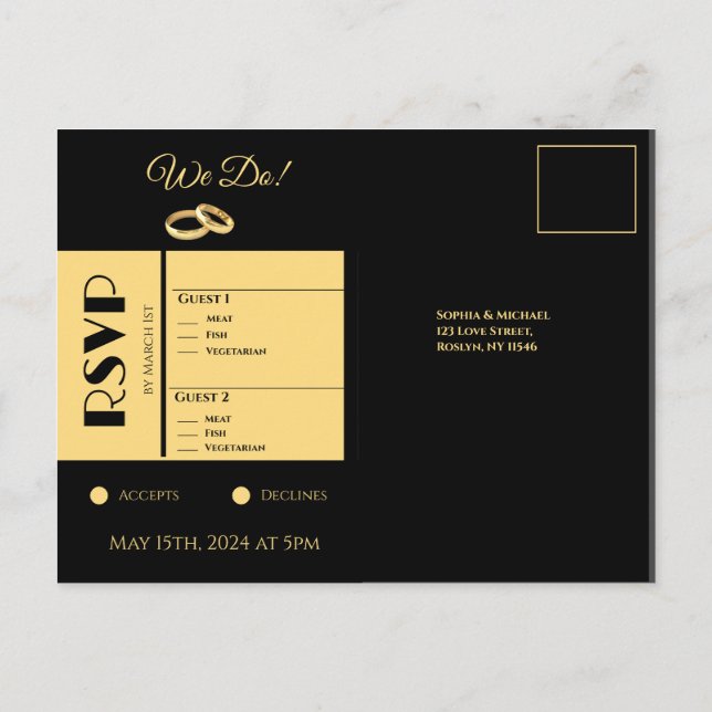 Black and Gold-Wedding RSVP-  Invitation Postcard (Back)