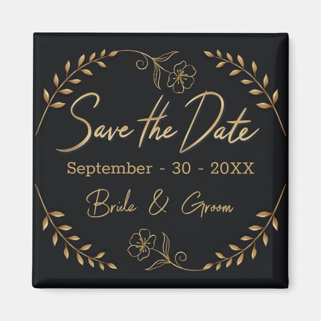 Black and Gold Wedding Save the Date Magnet (Front)