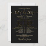 Black And Gold Wedding Schedule Timeline Card<br><div class="desc">This stylish black and gold wedding schedule timeline can be personalised with your wedding details in chic lettering. Designed by Thisisnotme©</div>