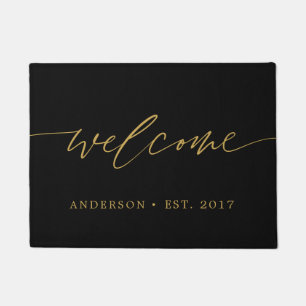 Black and Gold Welcome Calligraphy Family Doormat