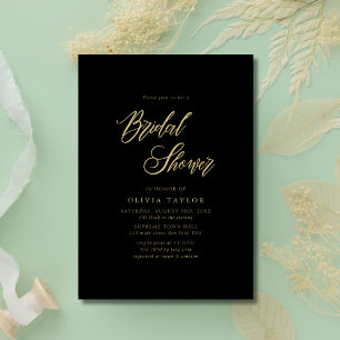 Black and Gold Whimsy Script Modern Bridal Shower Invitation