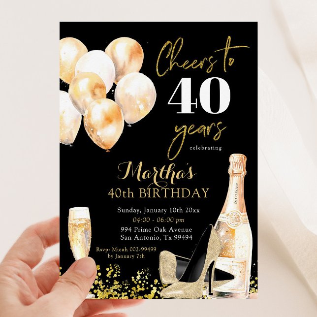 Black and Gold Wine Cheers Woman Adult Birthday Invitation (Creator Uploaded)