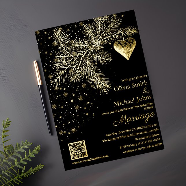 Black and Gold Winter Wedding Invitation QR code (Creator Uploaded)