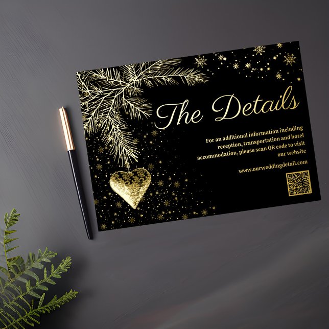 Black and Gold Winter Wedding QR code Details card (Creator Uploaded)
