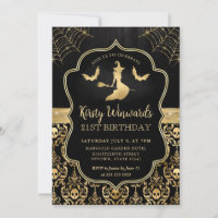 Black and Gold Witch and Bats Damask 21st Birthday