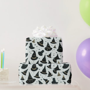 Black and Gold Witch's Hats Stars Green Halloween Wrapping Paper