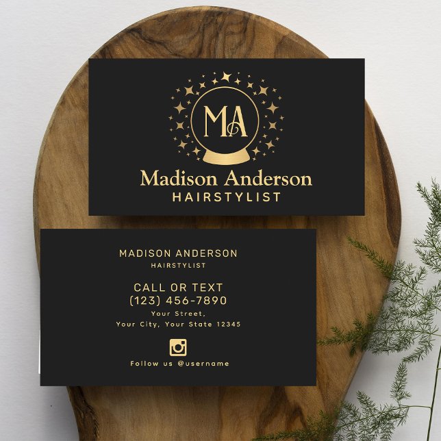 Black and Gold Witchy Monogram Hairstylist  Business Card (Creator Uploaded)