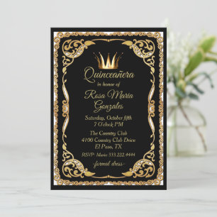 Black and Gold with Crown Quinceanera Invitation