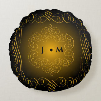 Black and Gold with Decorative Elements  Round Cushion