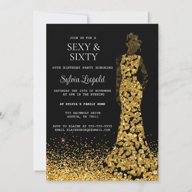 Black and Gold Woman in Dress 60th Birthday Invitation (Front)