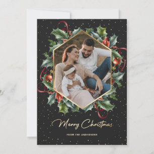 Black and Gold Wreath Photo Christmas Cards