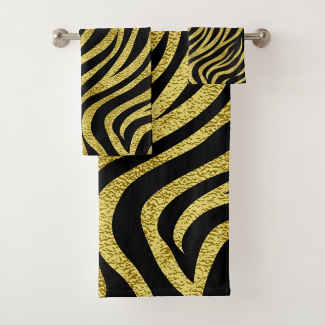 Black and Gold Zebra Stripes Bath Towel Set (Insitu)