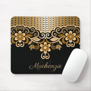 Black and Golden Abstract Floral Mouse Pad