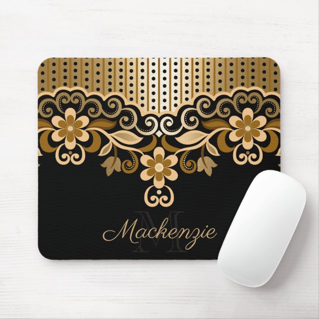 Black and Golden Abstract Floral Mouse Pad (With Mouse)