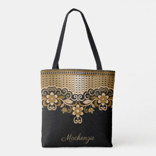 Black and Golden Abstract Floral Tote Bag