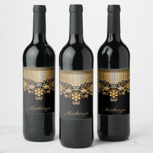 Black and Golden Abstract Floral Wine Label