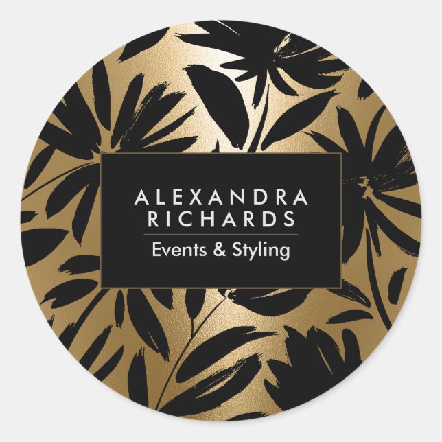 Black and Golden Brush Floral Classic Round Sticker (Front)