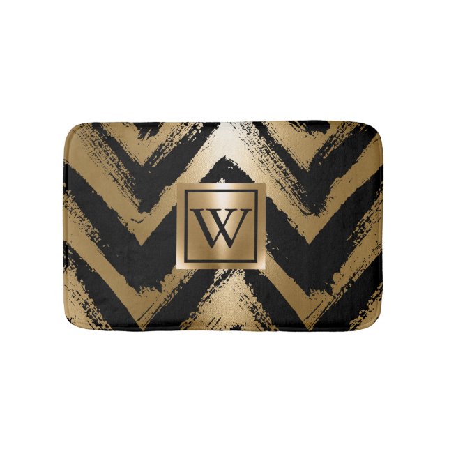 Black and Golden Brush Stripes Bath Mat (Front)