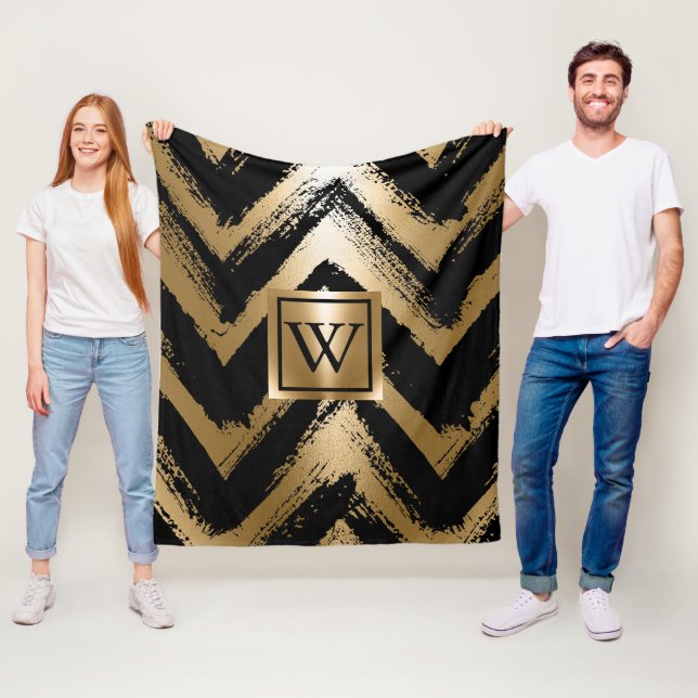 Black and Golden Brush Stripes Fleece Blanket (In Situ)