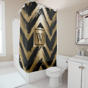 Black and Golden Brush Stripes Shower Curtain