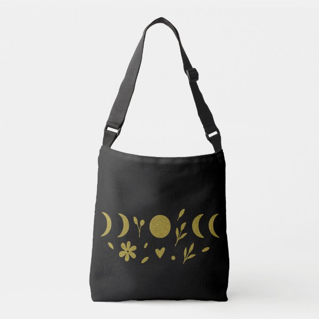 Black and Golden Floral Boho  Crossbody Bag (Front)
