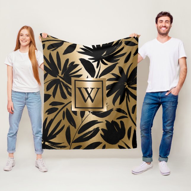 Black and Golden Floral Brush Fleece Blanket (In Situ)