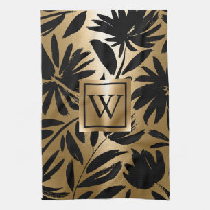 Black and Golden Floral Brush Tea Towel