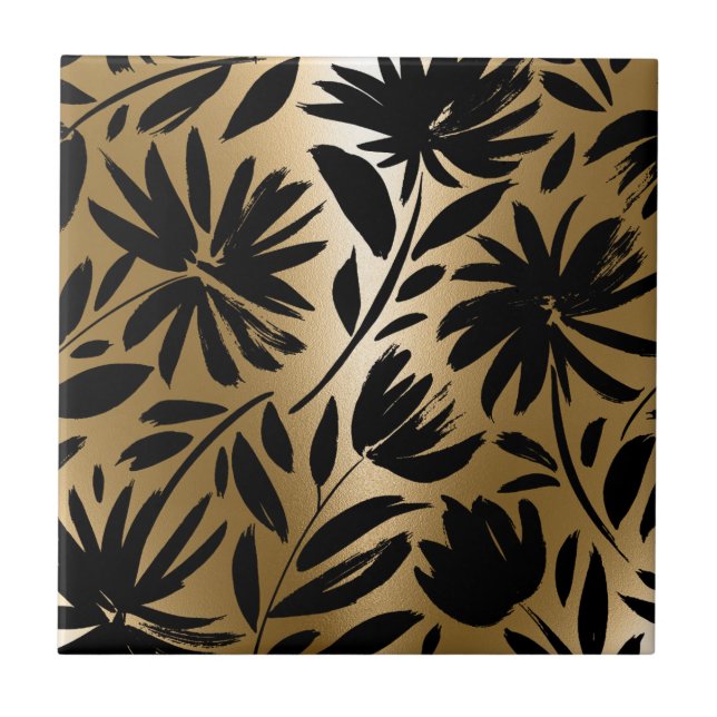 Black and Golden Floral Brush Tile (Front)