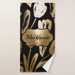 Black and Golden Flowers  Bath Towel Set