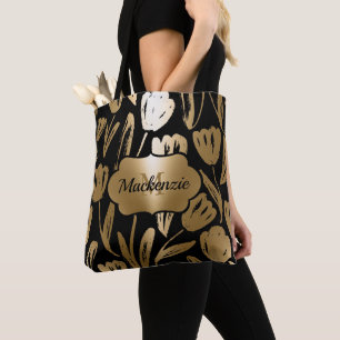 Black and Golden Flowers  Tote Bag
