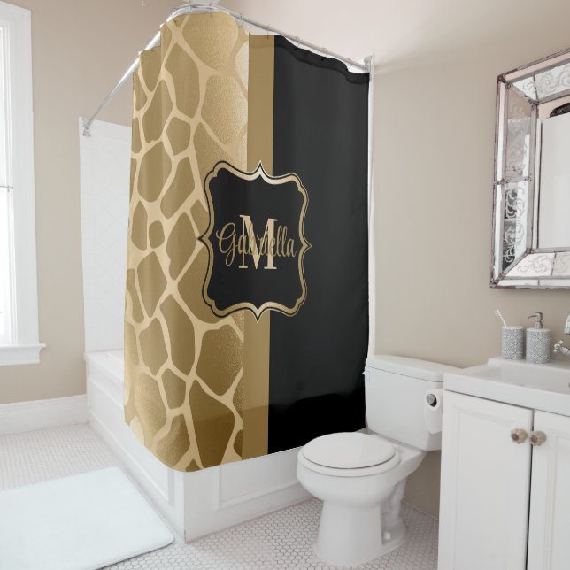 Black and Golden Giraffe Pattern Shower Curtain (In Situ)