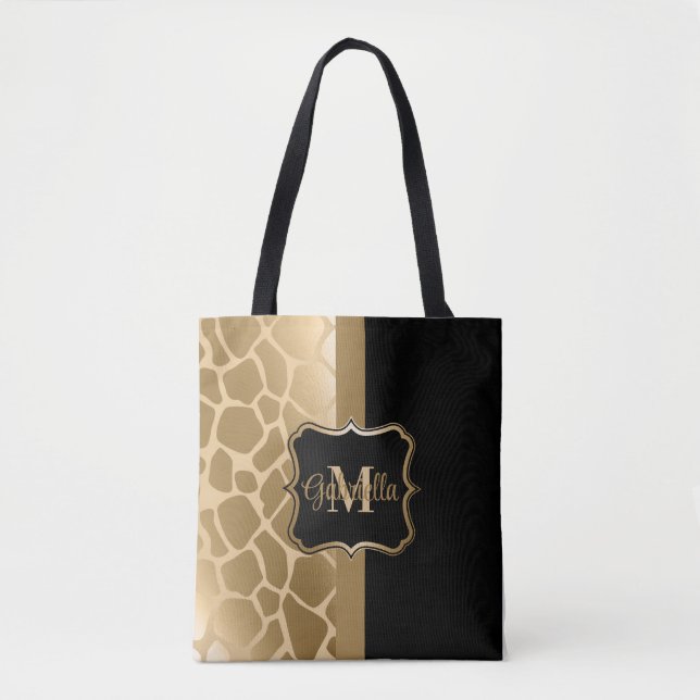 Black and Golden Giraffe Pattern Tote Bag (Front)